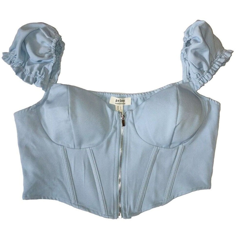 Sz L Off Shoulder Short Bubble Sleeve Corset Style Crop Top Blouse Y2K